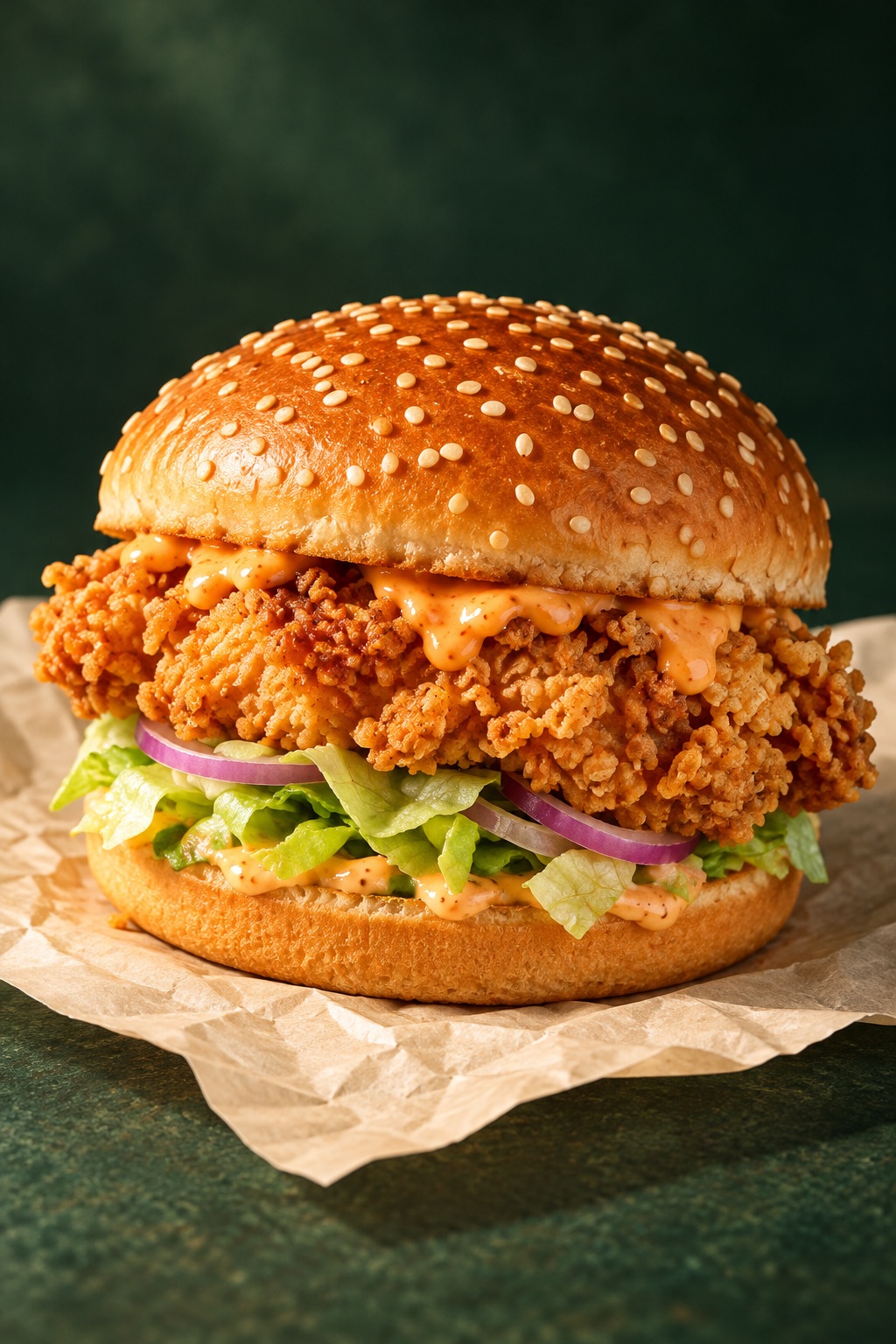 Crispy chicken burger with lettuce and orange sauce