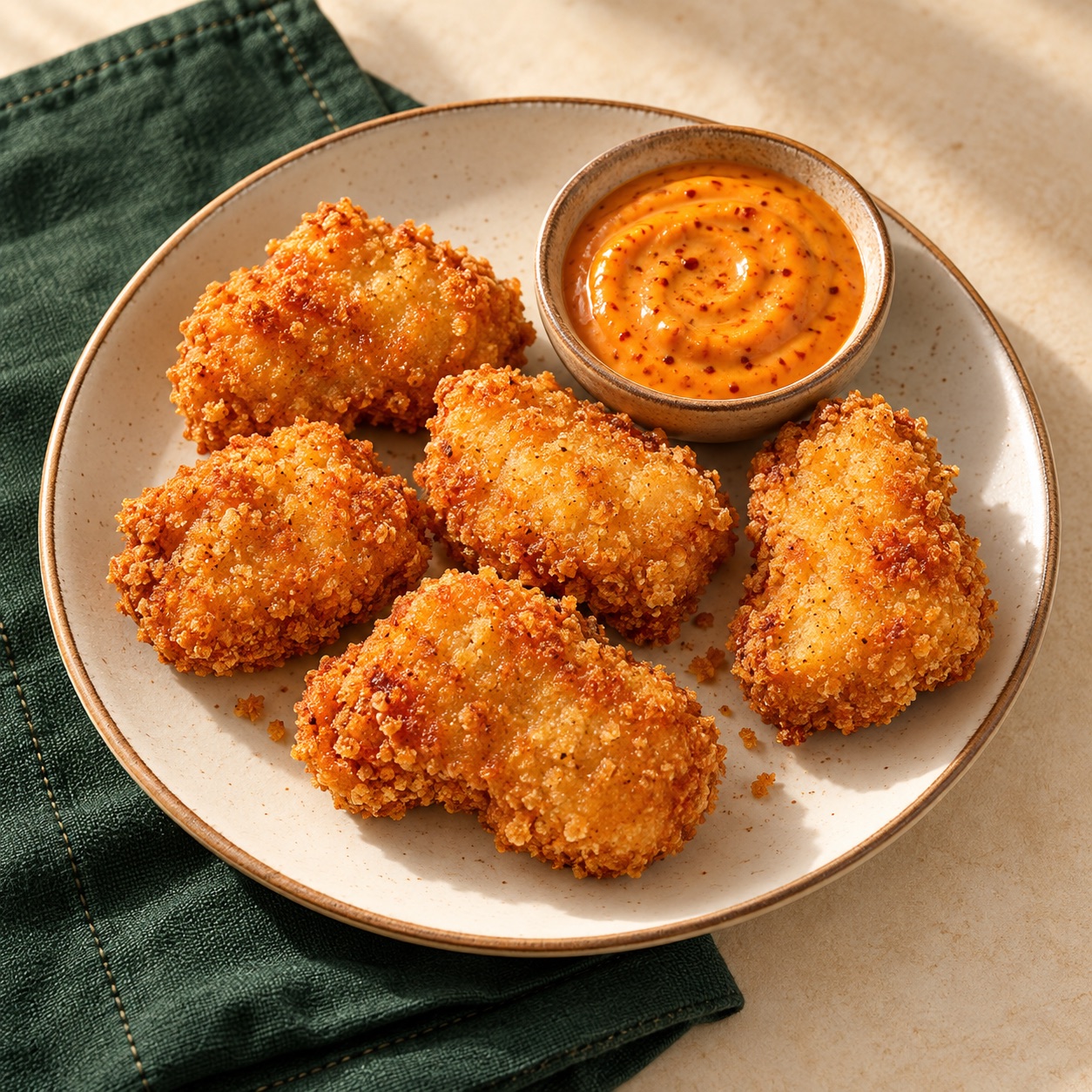 Handmade crispy chicken nuggets with dipping sauce